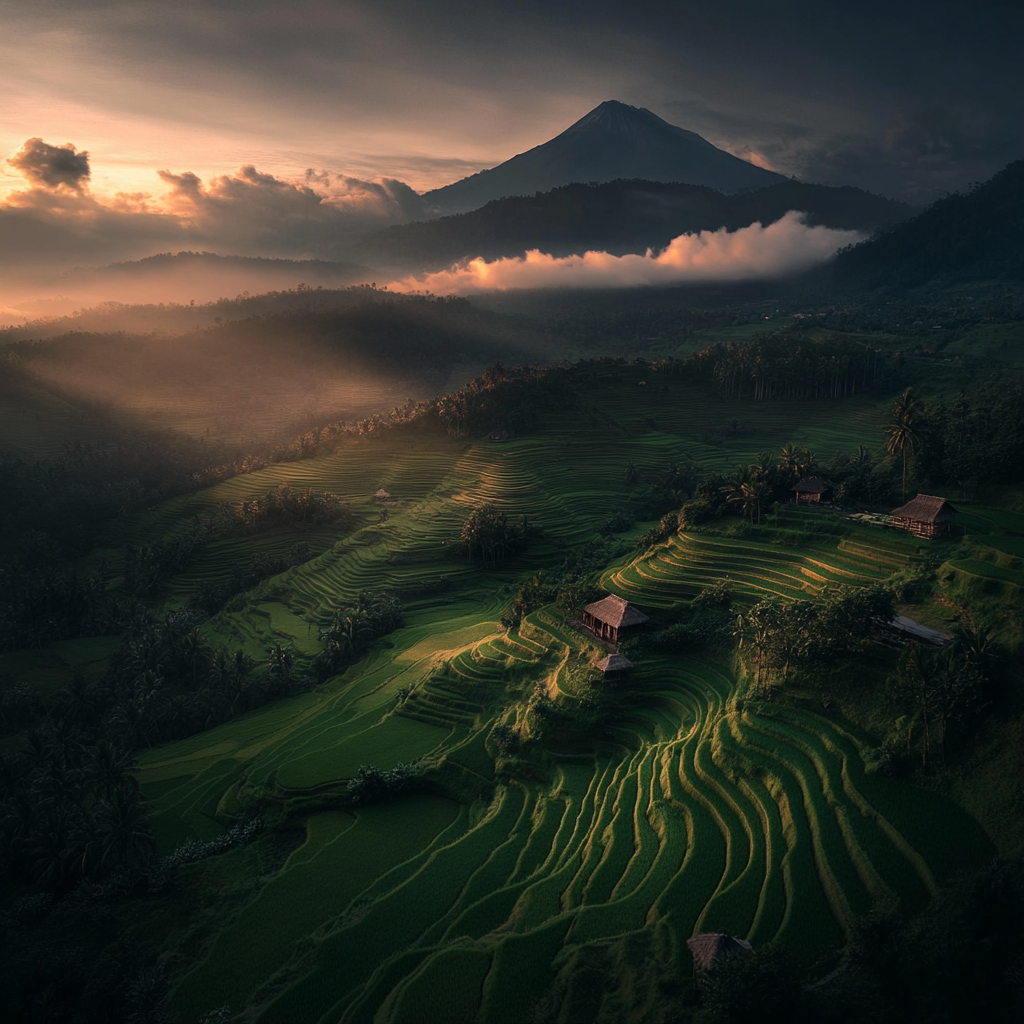 Emerald rice terraces cascading down gentle slopes with the majestic Mount Agung volcano towering in the background