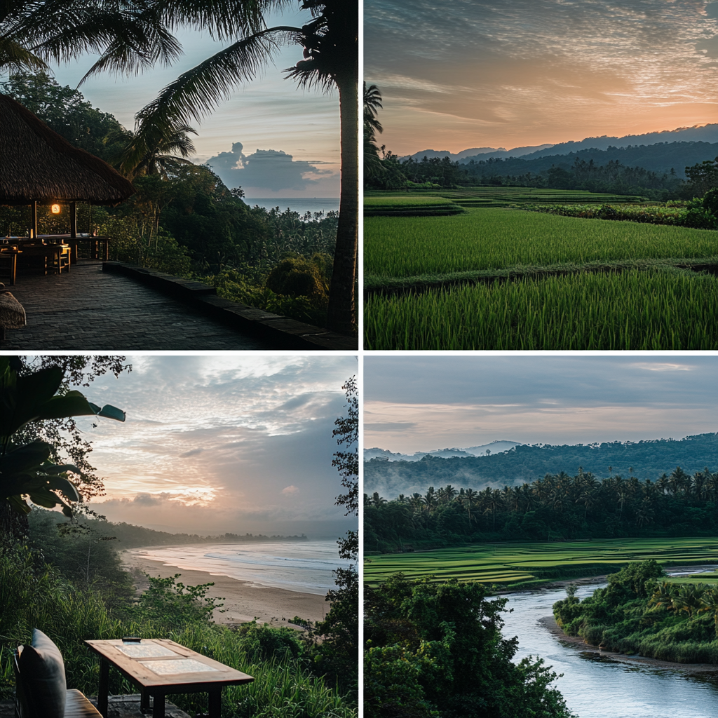 a collage of image from Bali including the beaches, temples and rice fields