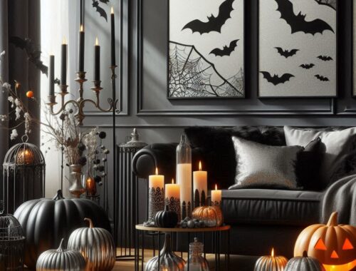 Chic living room adorned with black pumpkin, silver patterns, cobwebs on candle holders, orange candles, and shadowy bat silhouettes.