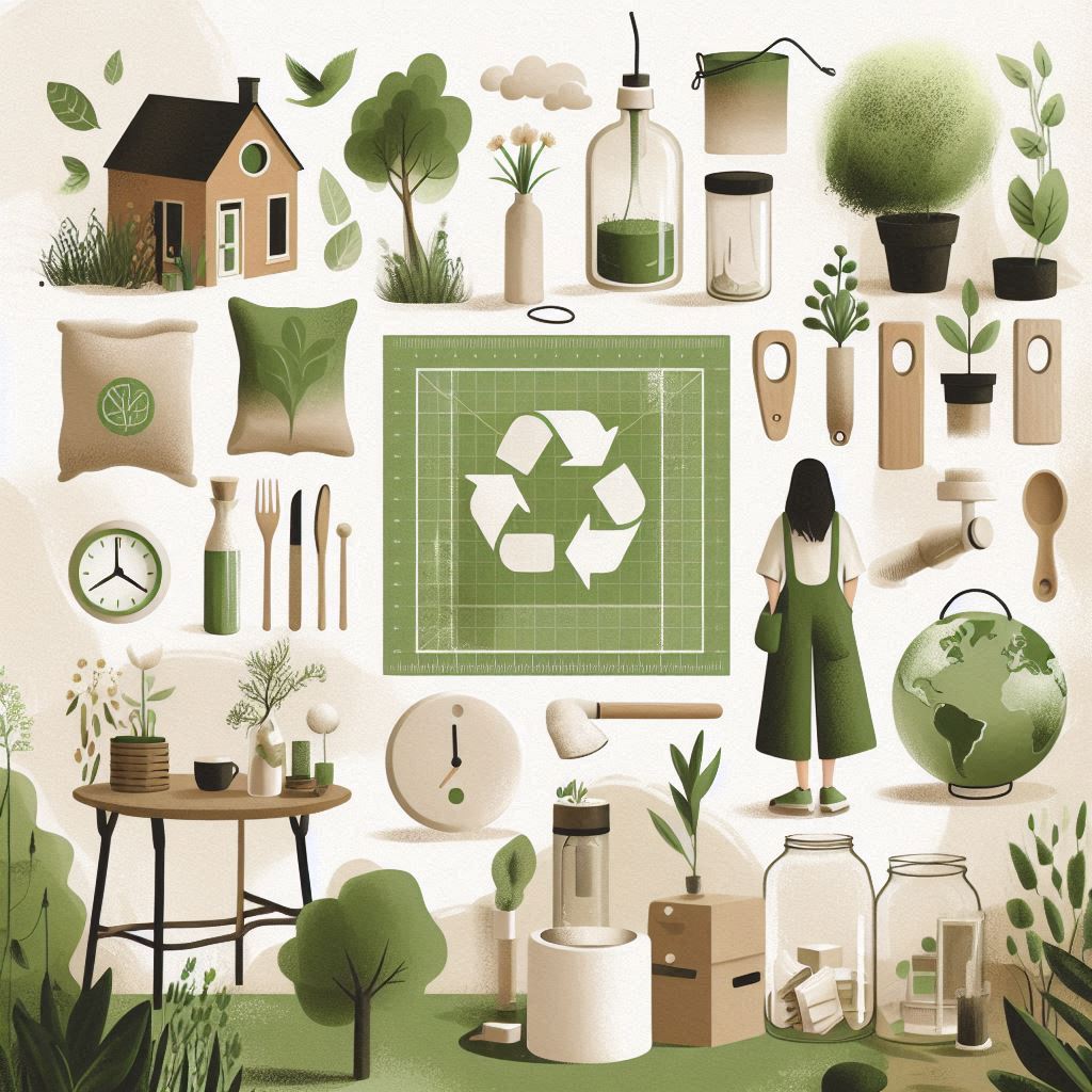 Design an attractive graphic showcasing different aspects of an eco-friendly lifestyle. Feature images like a zero waste home with reusable products, a small organic garden, a person engaging in sustainable fashion, and a solar panel to represent renewable energy. Use green and earth-tone hues to convey a natural, sustainable vibe.