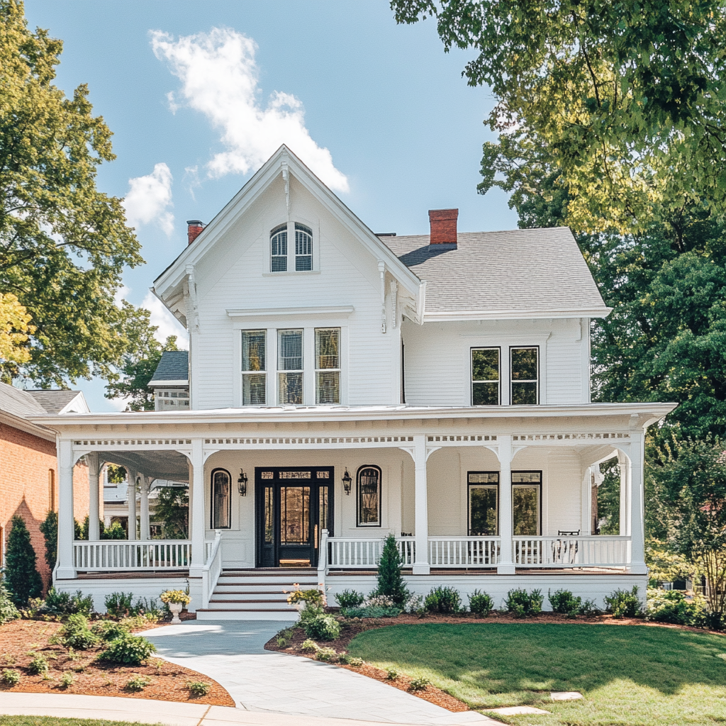 a white house with a porch and a brick building