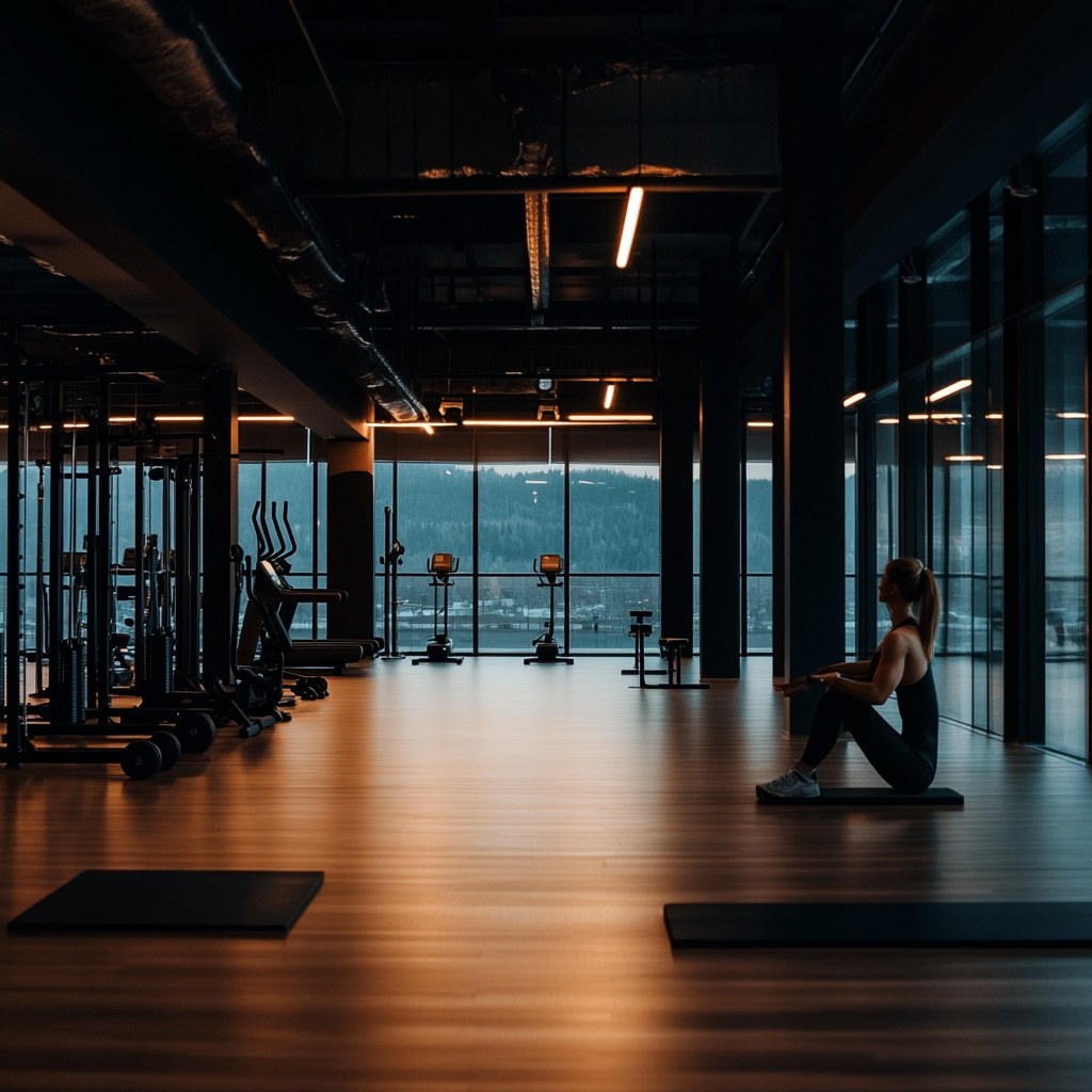 a person sitting alone in a dim lite gym catching her breathe ona rowing machine