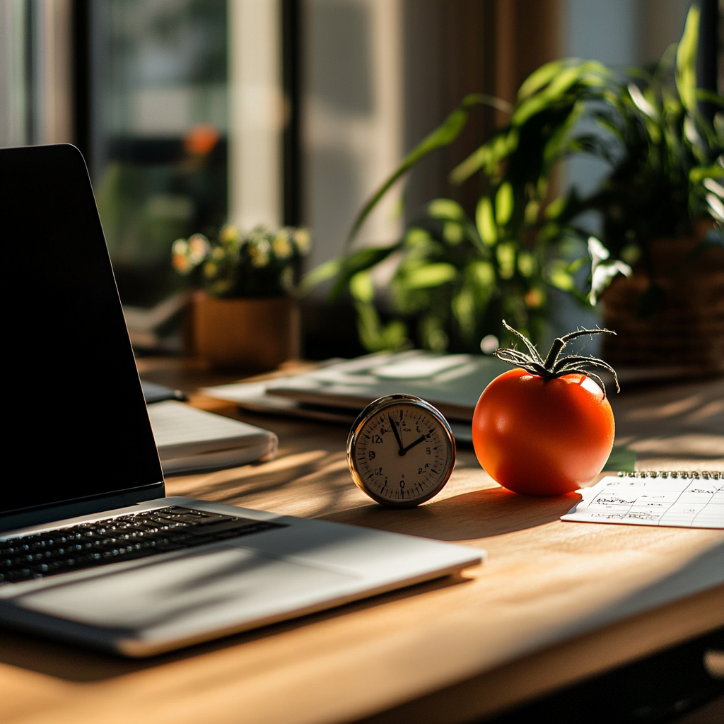 a tomato and clock on a desk