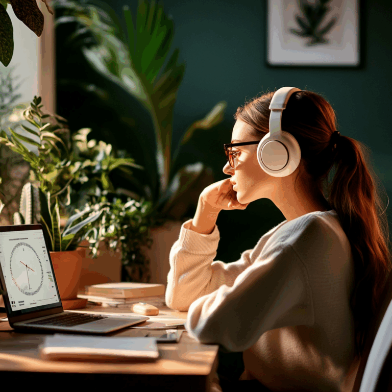 a woman wearing headphones and sitting at a desk with a laptop