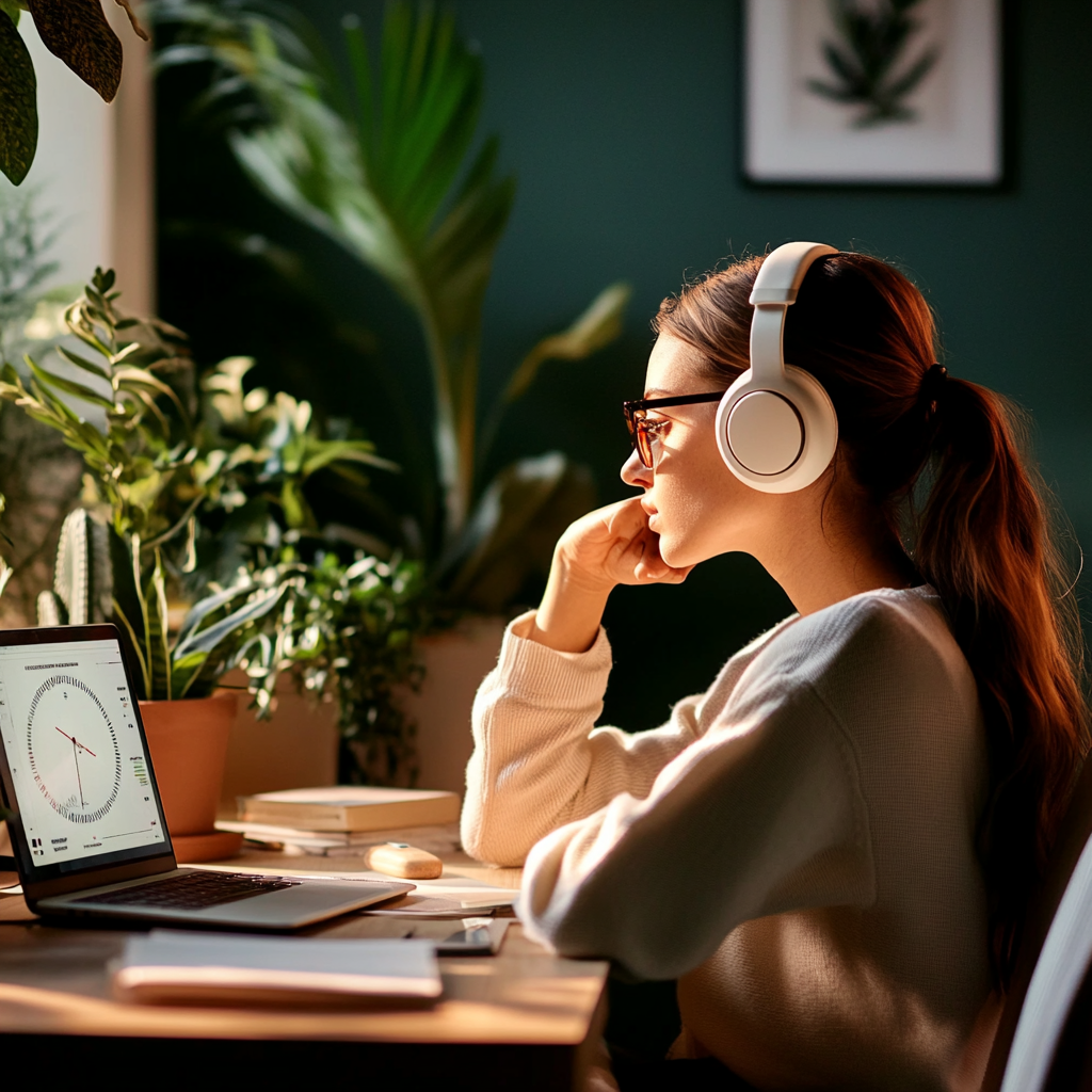a woman wearing headphones and sitting at a desk with a laptop