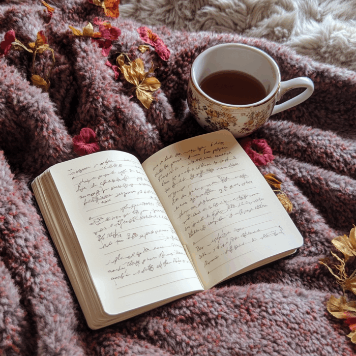 A journal open next to a cup of tea, maybe a cozy blanket in the frame