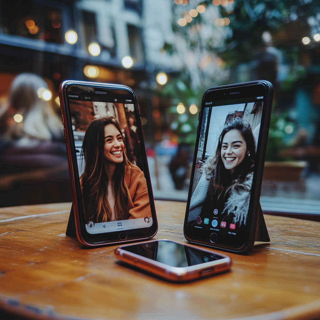 kale runk 91593 Two phones on a table with friends smiling on 03d8febf 3070 4369 97d0 e37cbfd14c28 3