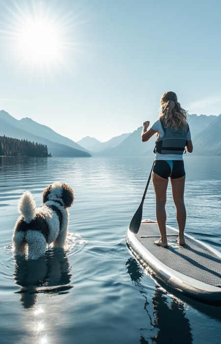A women paddleboarding on lake tahoe with her sheepadoodle a woman on a paddleboarding with a dog on the water